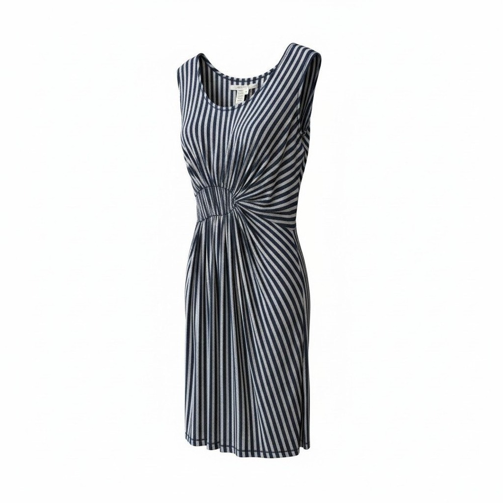 Studio M Women Navy Blue Grey Striped Ruched Cinched Sleeveless Midi Dress M